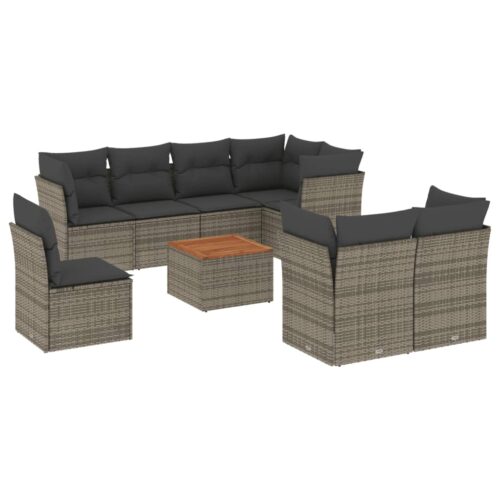 9-Piece Garden Sofa Set with Cushions Grey Poly Rattan Wicker Outdoor Patio Furniture