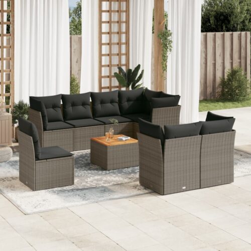 9-Piece Garden Sofa Set with Cushions Grey Poly Rattan Wicker Outdoor Patio Furniture - Image 2