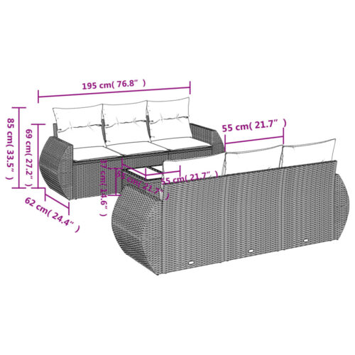 7-Piece Garden Sofa Set with Cushions Grey Poly Rattan Wicker Outdoor Patio Furniture - Image 3