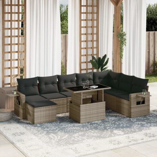 9-Piece Garden Sofa Set with Cushions Grey Poly Rattan Wicker Outdoor Patio Furniture - Image 2