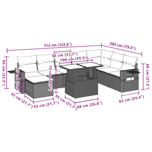 9-Piece Garden Sofa Set with Cushions Grey Poly Rattan Wicker Outdoor Patio Furniture - Image 12