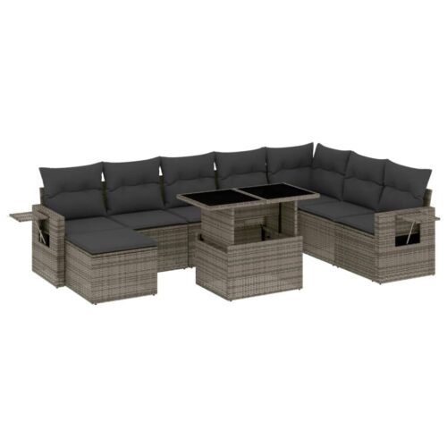 9-Piece Garden Sofa Set with Cushions Grey Poly Rattan Wicker Outdoor Patio Furniture - Image 13