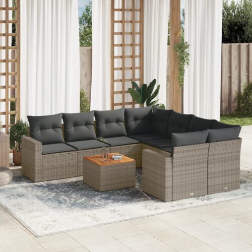 9-Piece Garden Sofa Set with Cushions Grey Poly Rattan Wicker Outdoor Patio Furniture - Image 2