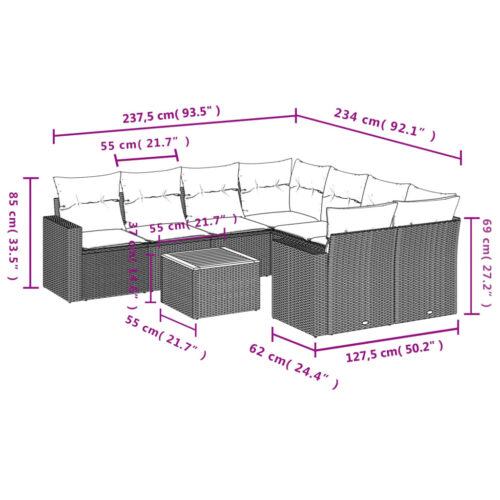9-Piece Garden Sofa Set with Cushions Grey Poly Rattan Wicker Outdoor Patio Furniture - Image 12
