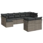 9-Piece Garden Sofa Set with Cushions Grey Poly Rattan Wicker Outdoor Patio Furniture