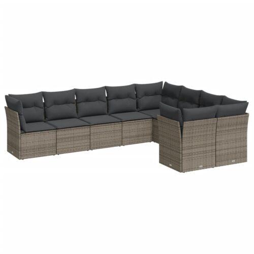 9-Piece Garden Sofa Set with Cushions Grey Poly Rattan Wicker Outdoor Patio Furniture - Image 5