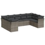 9-Piece Garden Sofa Set with Cushions Grey Poly Rattan Wicker Outdoor Patio Furniture