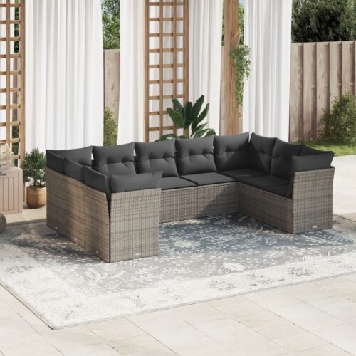 9-Piece Garden Sofa Set with Cushions Grey Poly Rattan Wicker Outdoor Patio Furniture - Image 2