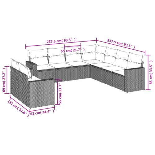 9-Piece Garden Sofa Set with Cushions Grey Poly Rattan Wicker Outdoor Patio Furniture - Image 3