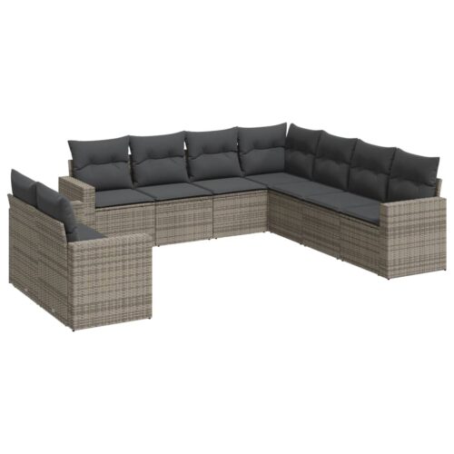 9-Piece Garden Sofa Set with Cushions Grey Poly Rattan Wicker Outdoor Patio Furniture - Image 5