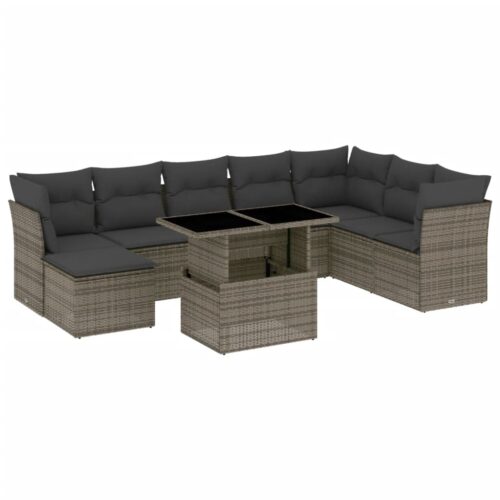 9-Piece Garden Sofa Set with Cushions Grey Poly Rattan Wicker Outdoor Patio Furniture