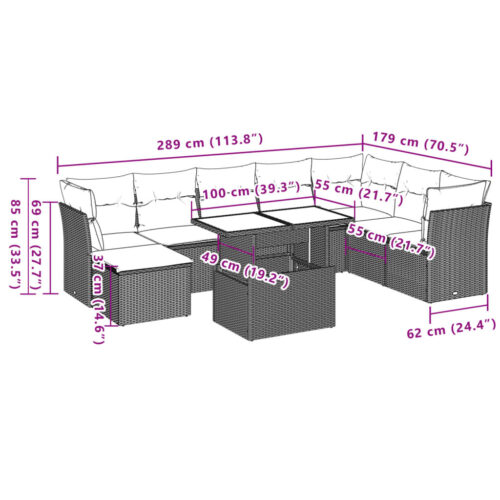 9-Piece Garden Sofa Set with Cushions Grey Poly Rattan Wicker Outdoor Patio Furniture - Image 11