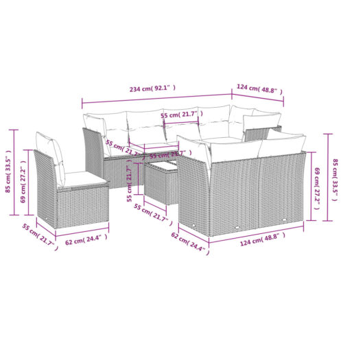 9-Piece Garden Sofa Set with Cushions Grey Poly Rattan Wicker Outdoor Patio Furniture - Image 3