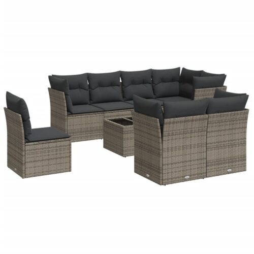 9-Piece Garden Sofa Set with Cushions Grey Poly Rattan Wicker Outdoor Patio Furniture - Image 5