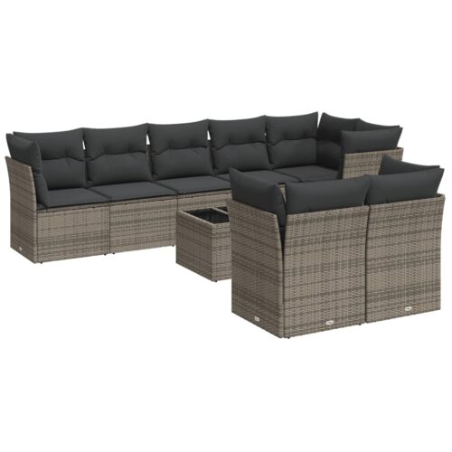 9-Piece Garden Sofa Set with Cushions Grey Poly Rattan Wicker Outdoor Patio Furniture