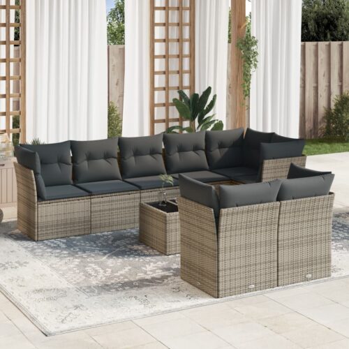 9-Piece Garden Sofa Set with Cushions Grey Poly Rattan Wicker Outdoor Patio Furniture - Image 2