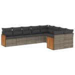 9-Piece Garden Sofa Set with Cushions Grey Poly Rattan Wicker Outdoor Patio Furniture