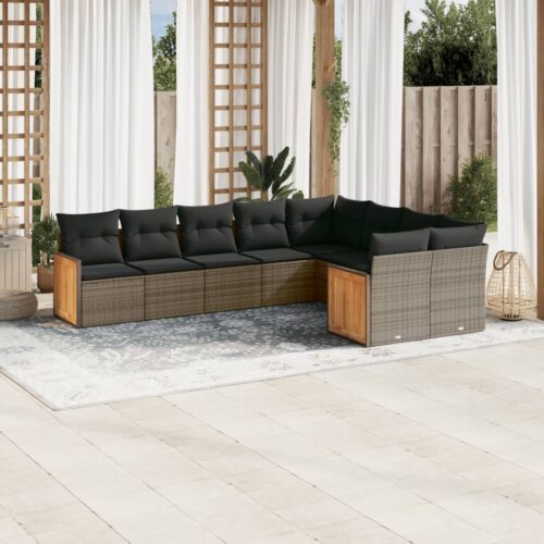 9-Piece Garden Sofa Set with Cushions Grey Poly Rattan Wicker Outdoor Patio Furniture - Image 2