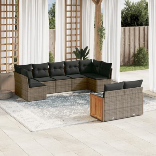 9-Piece Garden Sofa Set with Cushions Grey Poly Rattan Wicker Outdoor Patio Furniture - Image 2