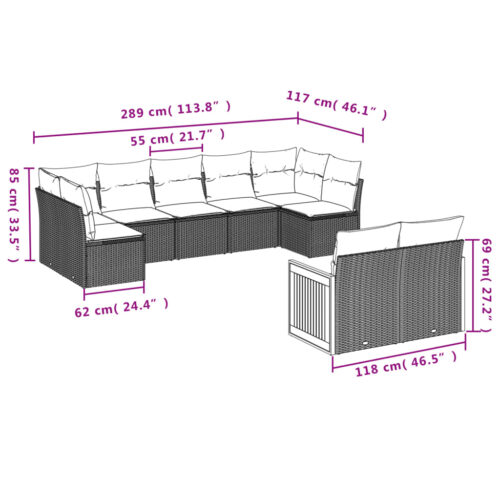 9-Piece Garden Sofa Set with Cushions Grey Poly Rattan Wicker Outdoor Patio Furniture - Image 7