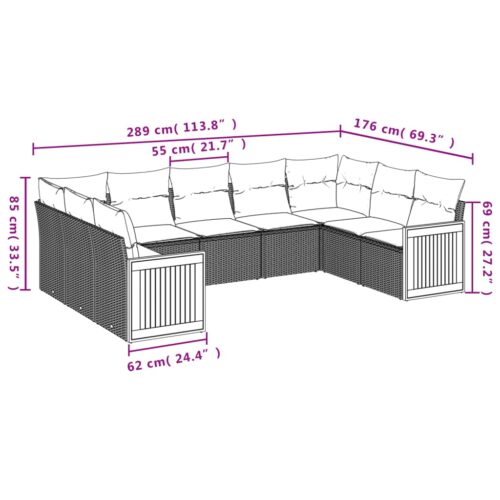 9-Piece Garden Sofa Set with Cushions Grey Poly Rattan Wicker Outdoor Patio Furniture - Image 7