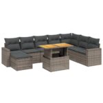 9-Piece Garden Sofa Set with Cushions Grey Poly Rattan Wicker Outdoor Patio Furniture