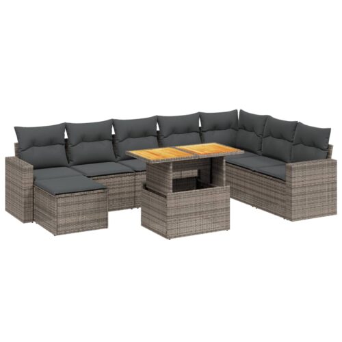 9-Piece Garden Sofa Set with Cushions Grey Poly Rattan Wicker Outdoor Patio Furniture