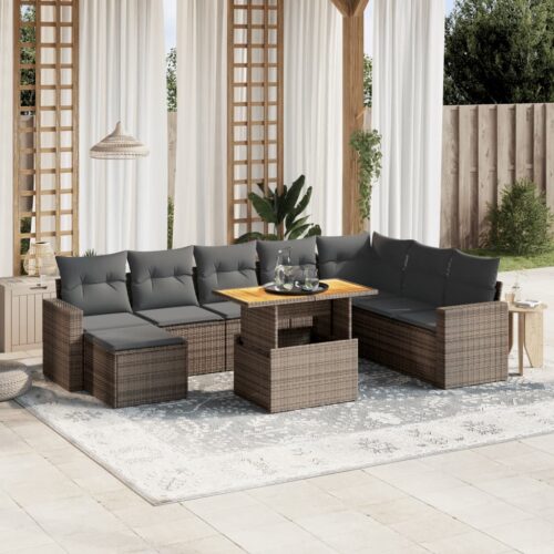 9-Piece Garden Sofa Set with Cushions Grey Poly Rattan Wicker Outdoor Patio Furniture - Image 2
