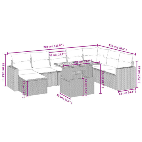 9-Piece Garden Sofa Set with Cushions Grey Poly Rattan Wicker Outdoor Patio Furniture - Image 4