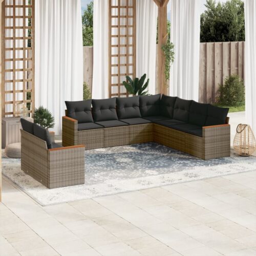 9-Piece Garden Sofa Set with Cushions Grey Poly Rattan Wicker Outdoor Patio Furniture - Image 2