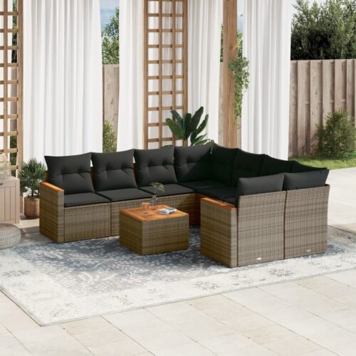 9-Piece Garden Sofa Set with Cushions Grey Poly Rattan Wicker Outdoor Patio Furniture - Image 2