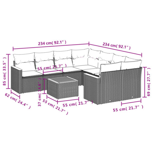9-Piece Garden Sofa Set with Cushions Grey Poly Rattan Wicker Outdoor Patio Furniture - Image 3
