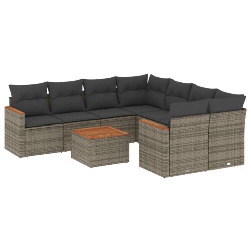 9-Piece Garden Sofa Set with Cushions Grey Poly Rattan Wicker Outdoor Patio Furniture - Image 5