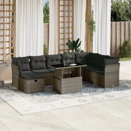 9-Piece Garden Sofa Set with Cushions Grey Poly Rattan Wicker Outdoor Patio Furniture - Image 2