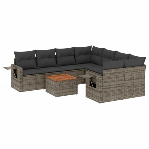 9-Piece Garden Sofa Set with Cushions Grey Poly Rattan Wicker Outdoor Patio Furniture - Image 5
