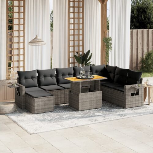 9-Piece Garden Sofa Set with Cushions Grey Poly Rattan Wicker Outdoor Patio Furniture - Image 2