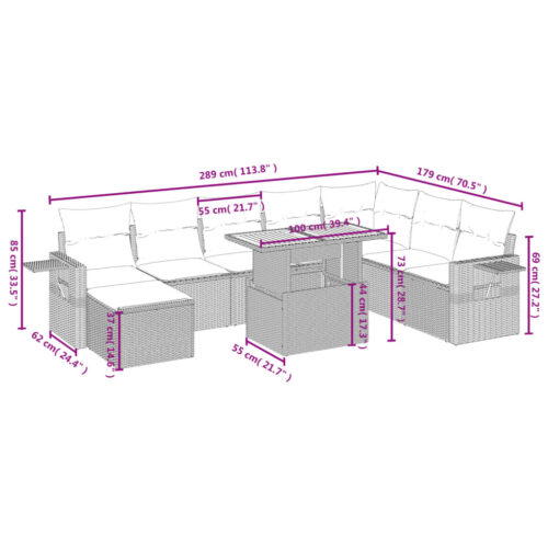 9-Piece Garden Sofa Set with Cushions Grey Poly Rattan Wicker Outdoor Patio Furniture - Image 4