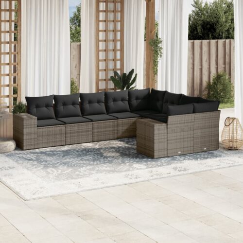 9-Piece Garden Sofa Set with Cushions Grey Poly Rattan Wicker Outdoor Patio Furniture - Image 2