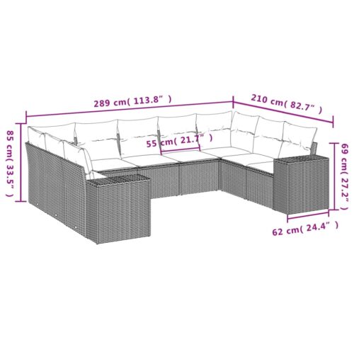 9-Piece Garden Sofa Set with Cushions Grey Poly Rattan Wicker Outdoor Patio Furniture - Image 7