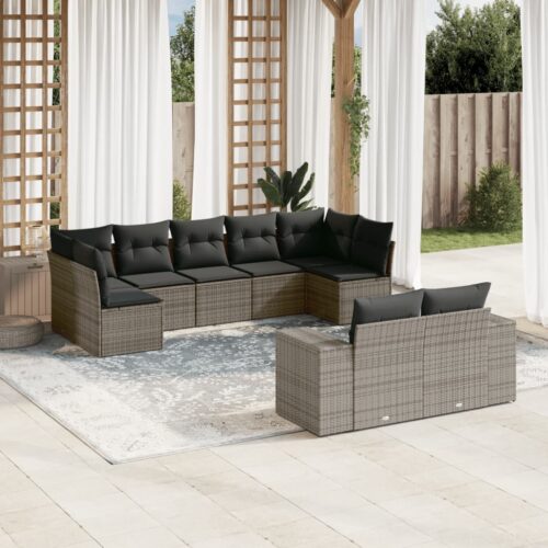 9-Piece Garden Sofa Set with Cushions Grey Poly Rattan Wicker Outdoor Patio Furniture - Image 2