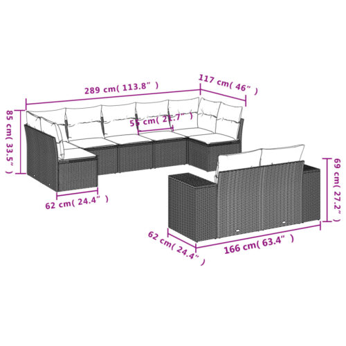 9-Piece Garden Sofa Set with Cushions Grey Poly Rattan Wicker Outdoor Patio Furniture - Image 7