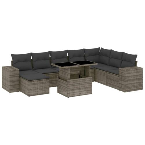 9-Piece Garden Sofa Set with Cushions Grey Poly Rattan Wicker Outdoor Patio Furniture
