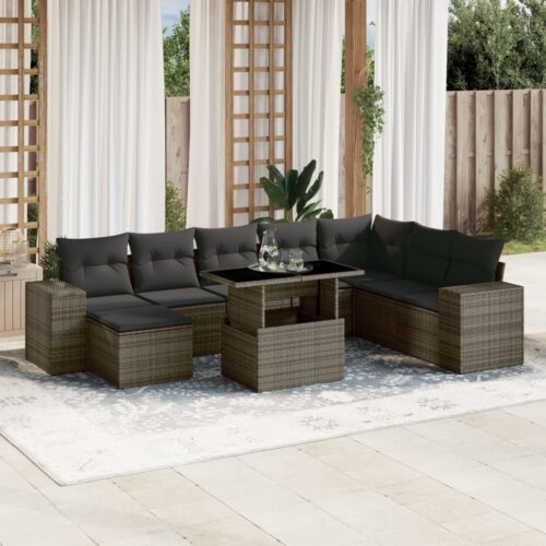 9-Piece Garden Sofa Set with Cushions Grey Poly Rattan Wicker Outdoor Patio Furniture - Image 2