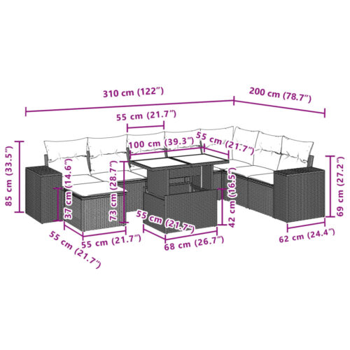 9-Piece Garden Sofa Set with Cushions Grey Poly Rattan Wicker Outdoor Patio Furniture - Image 11