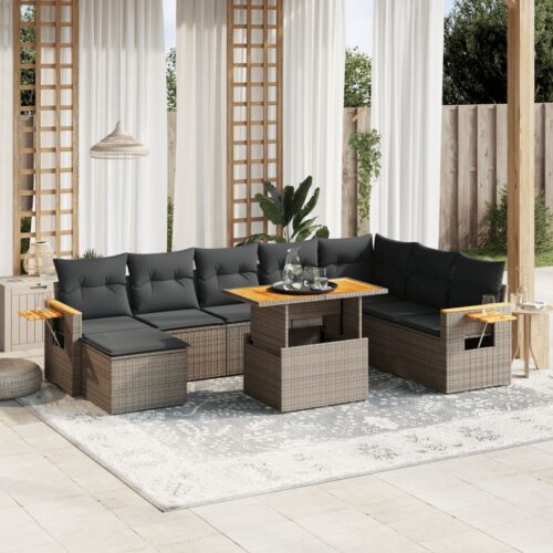 9-Piece Garden Sofa Set with Cushions Grey Poly Rattan Wicker Outdoor Patio Furniture - Image 2