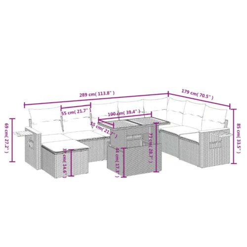 9-Piece Garden Sofa Set with Cushions Grey Poly Rattan Wicker Outdoor Patio Furniture - Image 3