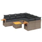 9-Piece Garden Sofa Set with Cushions Grey Poly Rattan Wicker Outdoor Patio Furniture
