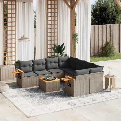 9-Piece Garden Sofa Set with Cushions Grey Poly Rattan Wicker Outdoor Patio Furniture - Image 2