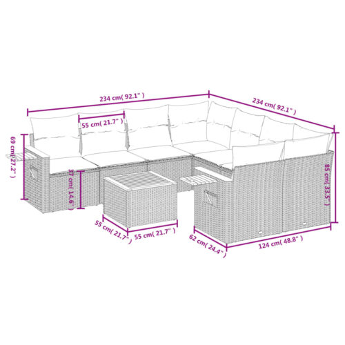 9-Piece Garden Sofa Set with Cushions Grey Poly Rattan Wicker Outdoor Patio Furniture - Image 3