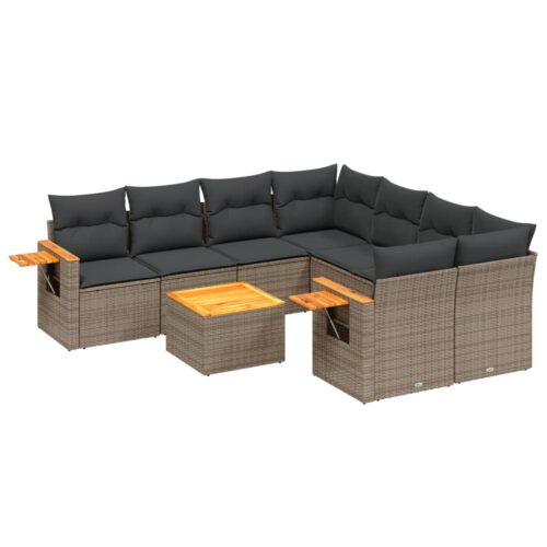 9-Piece Garden Sofa Set with Cushions Grey Poly Rattan Wicker Outdoor Patio Furniture - Image 5